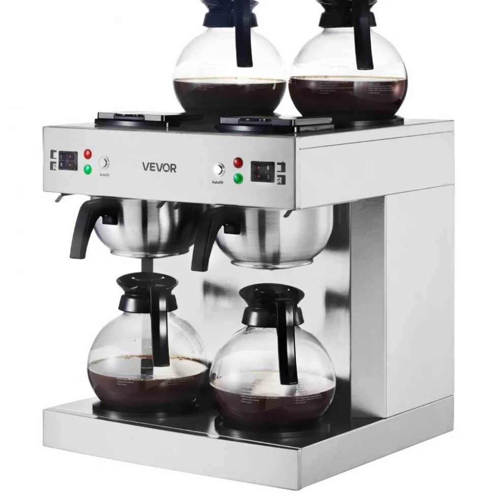 VEVOR Commercial Drip Coffee Maker, 24 Cups Coffee-Maker Machine with 4 Glass Carafes and 4 Decanter Warmer Plates, Stainless Steel Dual-Head Coffee Brewer, for Restaurant, Office, Coffee Shop & Home