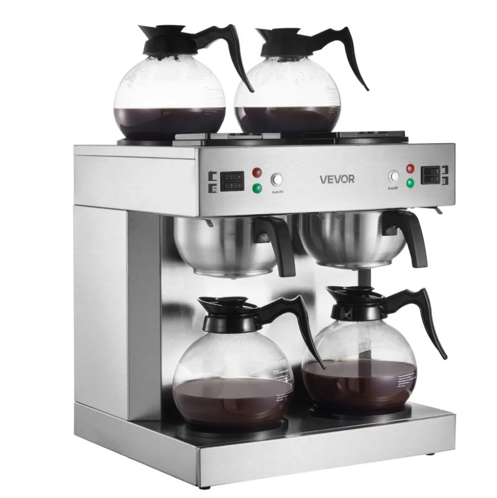 VEVOR Commercial Drip Coffee Maker, 24 Cups Coffee-Maker Machine with 4 Glass Carafes and 4 Decanter Warmer Plates, Stainless Steel Dual-Head Coffee Brewer, for Restaurant, Office, Coffee Shop & Home
