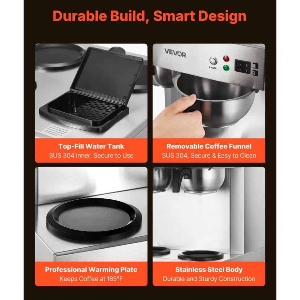 VEVOR Commercial Drip Coffee Maker, 24 Cups Coffee-Maker Machine with 4 Glass Carafes and 4 Decanter Warmer Plates, Stainless Steel Dual-Head Coffee Brewer, for Restaurant, Office, Coffee Shop & Home