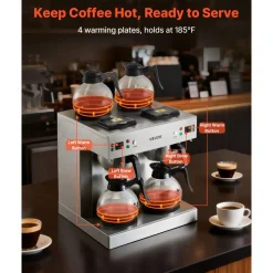 VEVOR Commercial Drip Coffee Maker, 24 Cups Coffee-Maker Machine with 4 Glass Carafes and 4 Decanter Warmer Plates, Stainless Steel Dual-Head Coffee Brewer, for Restaurant, Office, Coffee Shop & Home