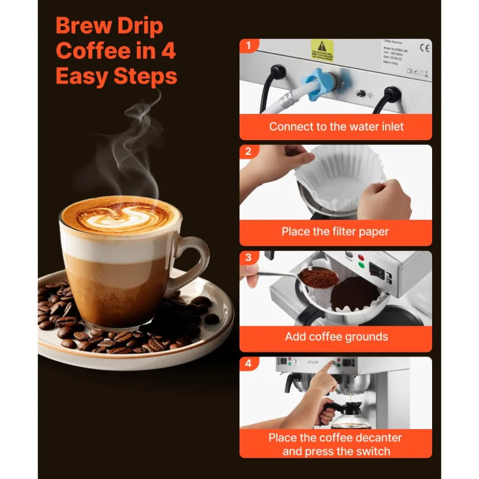 VEVOR Commercial Drip Coffee Maker, 24 Cups Coffee-Maker Machine with 4 Glass Carafes and 4 Decanter Warmer Plates, Stainless Steel Dual-Head Coffee Brewer, for Restaurant, Office, Coffee Shop & Home