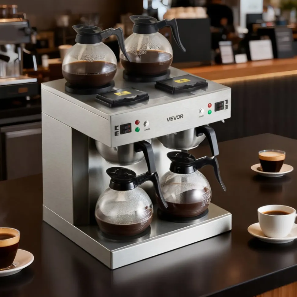 VEVOR Commercial Drip Coffee Maker, 24 Cups Coffee-Maker Machine with 4 Glass Carafes and 4 Decanter Warmer Plates, Stainless Steel Dual-Head Coffee Brewer, for Restaurant, Office, Coffee Shop & Home
