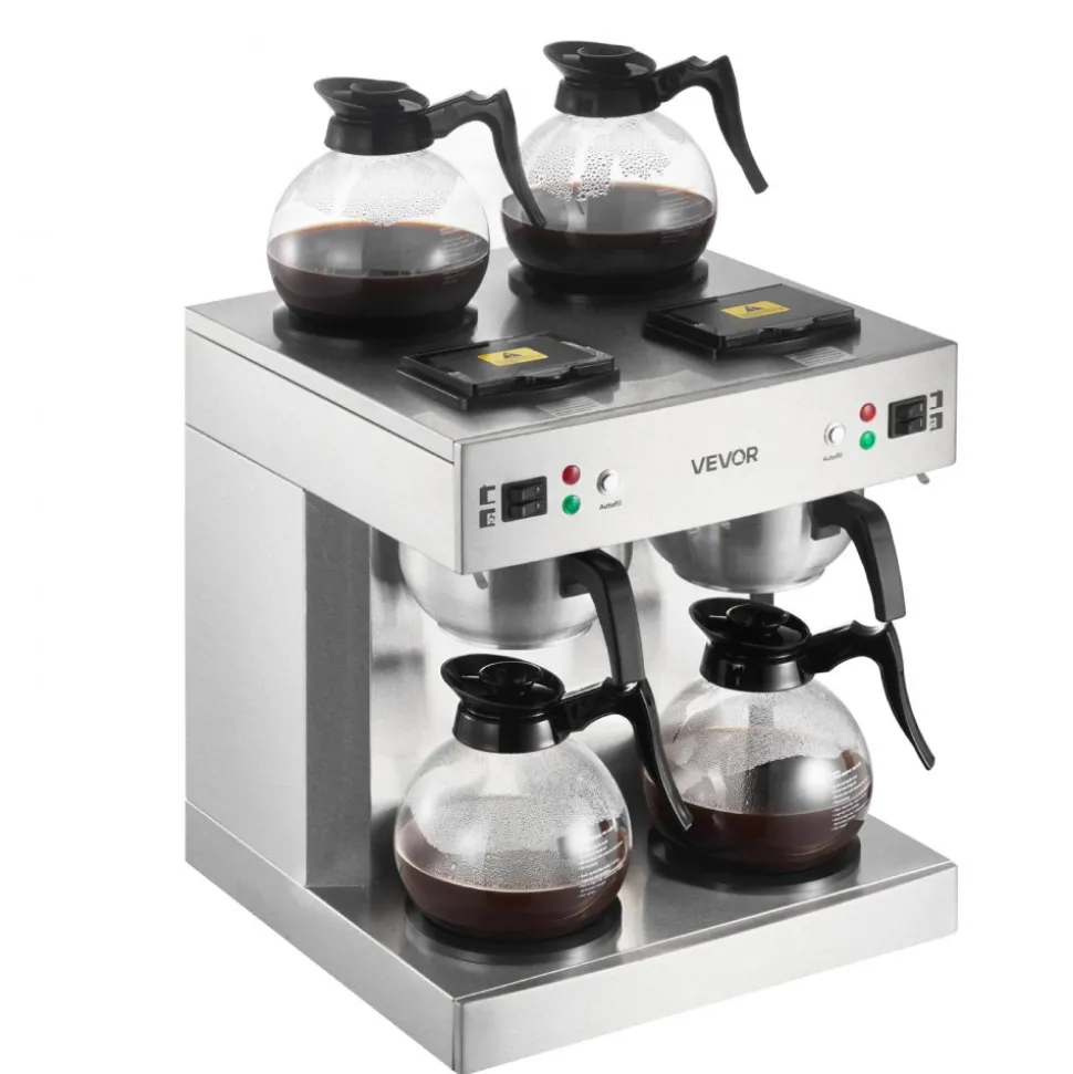VEVOR Commercial Drip Coffee Maker, 24 Cups Coffee-Maker Machine with 4 Glass Carafes and 4 Decanter Warmer Plates, Stainless Steel Dual-Head Coffee Brewer, for Restaurant, Office, Coffee Shop & Home