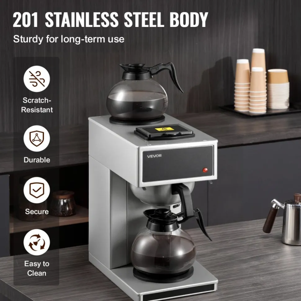VEVOR Commercial Drip Coffee Maker, 12 Cups Coffee-Maker Machine with 2 Glass Carafes and 2 Decanter Warmer Plates, Stainless Steel Drip Style Coffee Brewer, for Restaurant, Office, Coffee Shop & Home