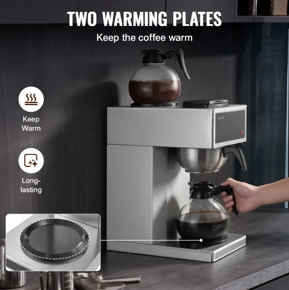 VEVOR Commercial Drip Coffee Maker, 12 Cups Coffee-Maker Machine with 2 Glass Carafes and 2 Decanter Warmer Plates, Stainless Steel Drip Style Coffee Brewer, for Restaurant, Office, Coffee Shop & Home