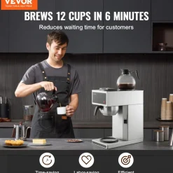 VEVOR Commercial Drip Coffee Maker, 12 Cups Coffee-Maker Machine with 2 Glass Carafes and 2 Decanter Warmer Plates, Stainless Steel Drip Style Coffee Brewer, for Restaurant, Office, Coffee Shop & Home