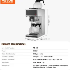VEVOR Commercial Drip Coffee Maker, 12 Cups Coffee-Maker Machine with 2 Glass Carafes and 2 Decanter Warmer Plates, Stainless Steel Drip Style Coffee Brewer, for Restaurant, Office, Coffee Shop & Home