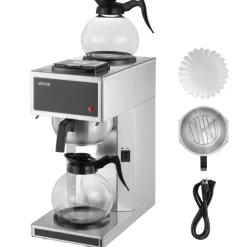 VEVOR Commercial Drip Coffee Maker, 12 Cups Coffee-Maker Machine with 2 Glass Carafes and 2 Decanter Warmer Plates, Stainless Steel Drip Style Coffee Brewer, for Restaurant, Office, Coffee Shop & Home