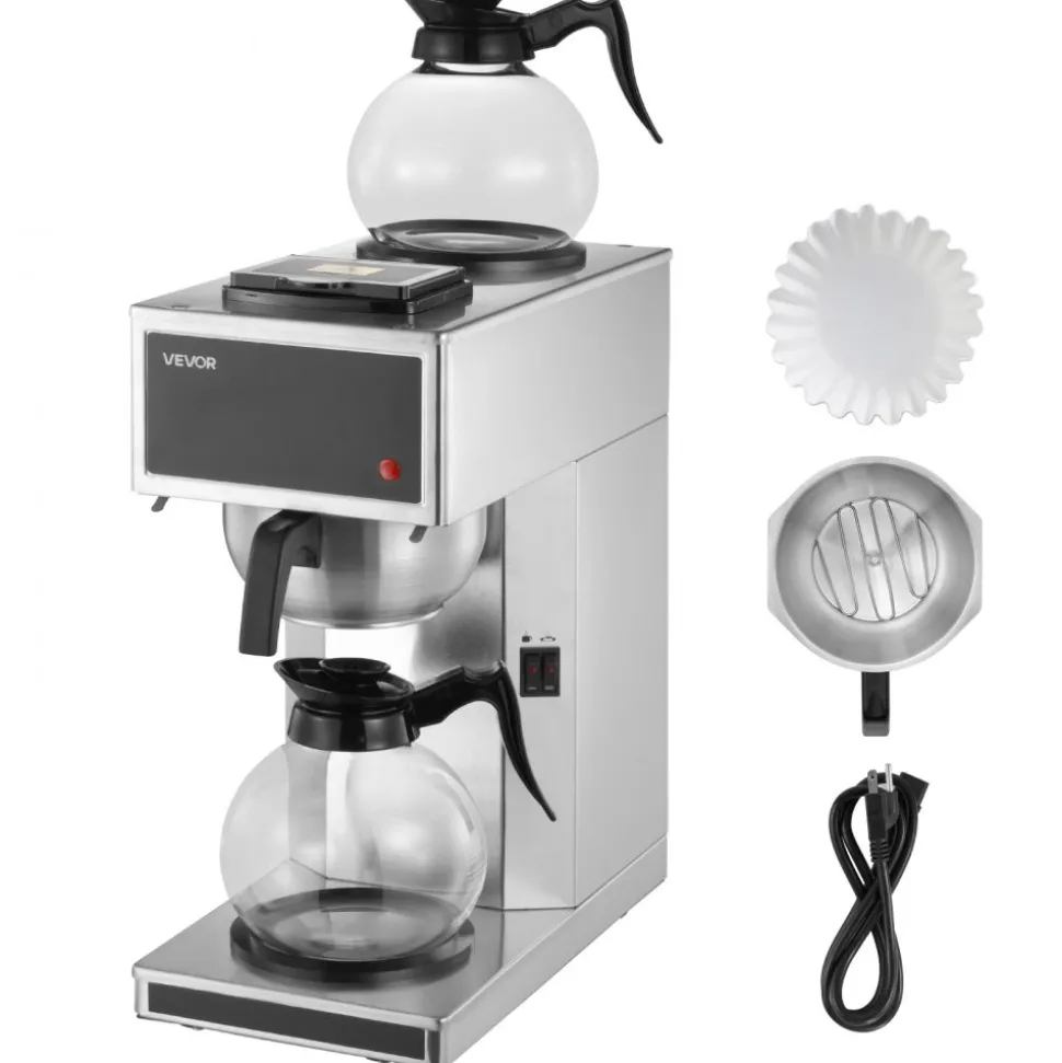 VEVOR Commercial Drip Coffee Maker, 12 Cups Coffee-Maker Machine with 2 Glass Carafes and 2 Decanter Warmer Plates, Stainless Steel Drip Style Coffee Brewer, for Restaurant, Office, Coffee Shop & Home