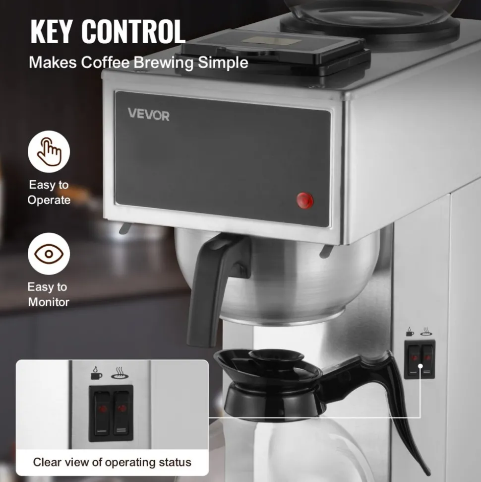 VEVOR Commercial Drip Coffee Maker, 12 Cups Coffee-Maker Machine with 2 Glass Carafes and 2 Decanter Warmer Plates, Stainless Steel Drip Style Coffee Brewer, for Restaurant, Office, Coffee Shop & Home