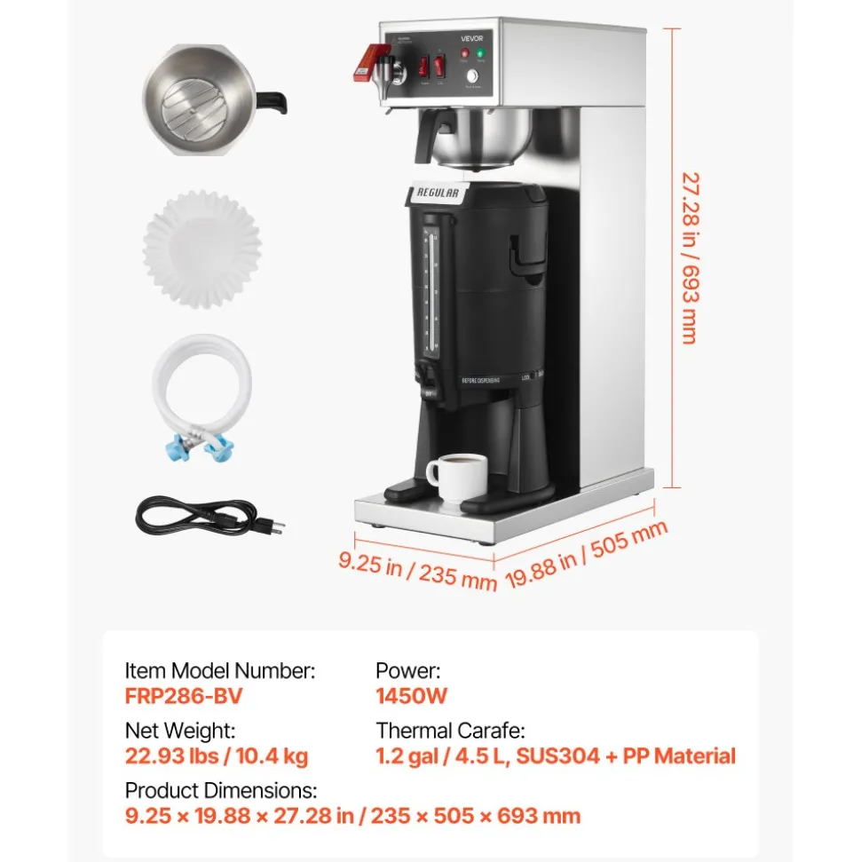 VEVOR Commercial Drip Coffee Maker, 16-17 Cups Machine with 2.5 L Thermal Carafe, Keep Warm for 4 Hours, Stainless Steel Brewer with Auto Water Filling, for Restaurant, Office, Coffee Shop & Home
