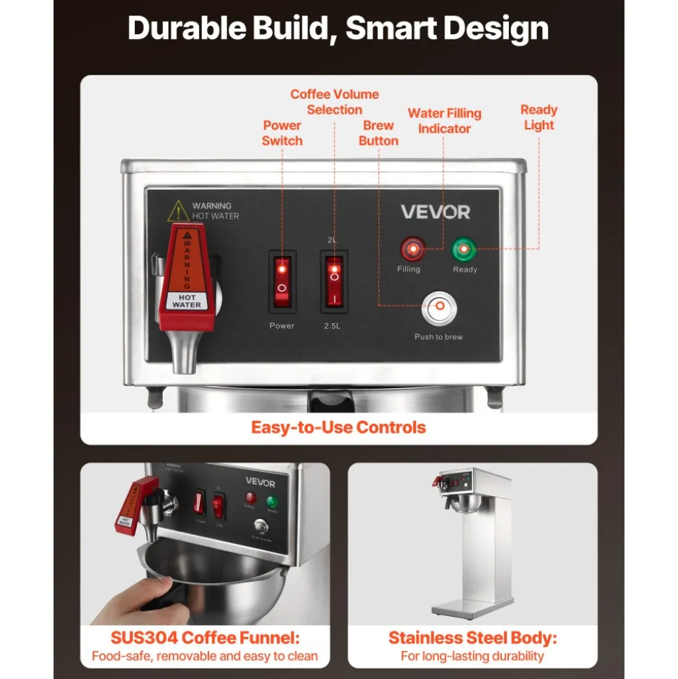 VEVOR Commercial Drip Coffee Maker, 16-17 Cups Machine with 2.5 L Thermal Carafe, Keep Warm for 4 Hours, Stainless Steel Brewer with Auto Water Filling, for Restaurant, Office, Coffee Shop & Home