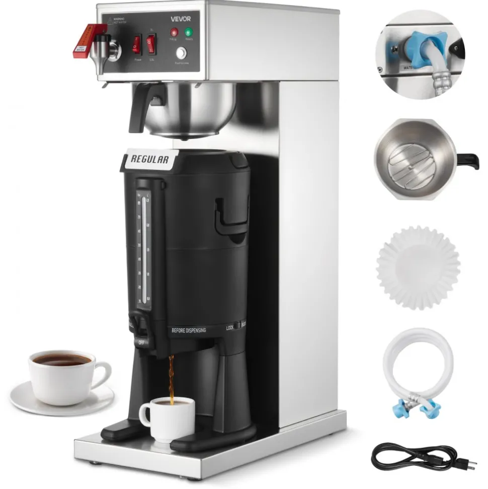 VEVOR Commercial Drip Coffee Maker, 16-17 Cups Machine with 2.5 L Thermal Carafe, Keep Warm for 4 Hours, Stainless Steel Brewer with Auto Water Filling, for Restaurant, Office, Coffee Shop & Home