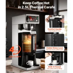 VEVOR Commercial Drip Coffee Maker, 16-17 Cups Machine with 2.5 L Thermal Carafe, Keep Warm for 4 Hours, Stainless Steel Brewer with Auto Water Filling, for Restaurant, Office, Coffee Shop & Home