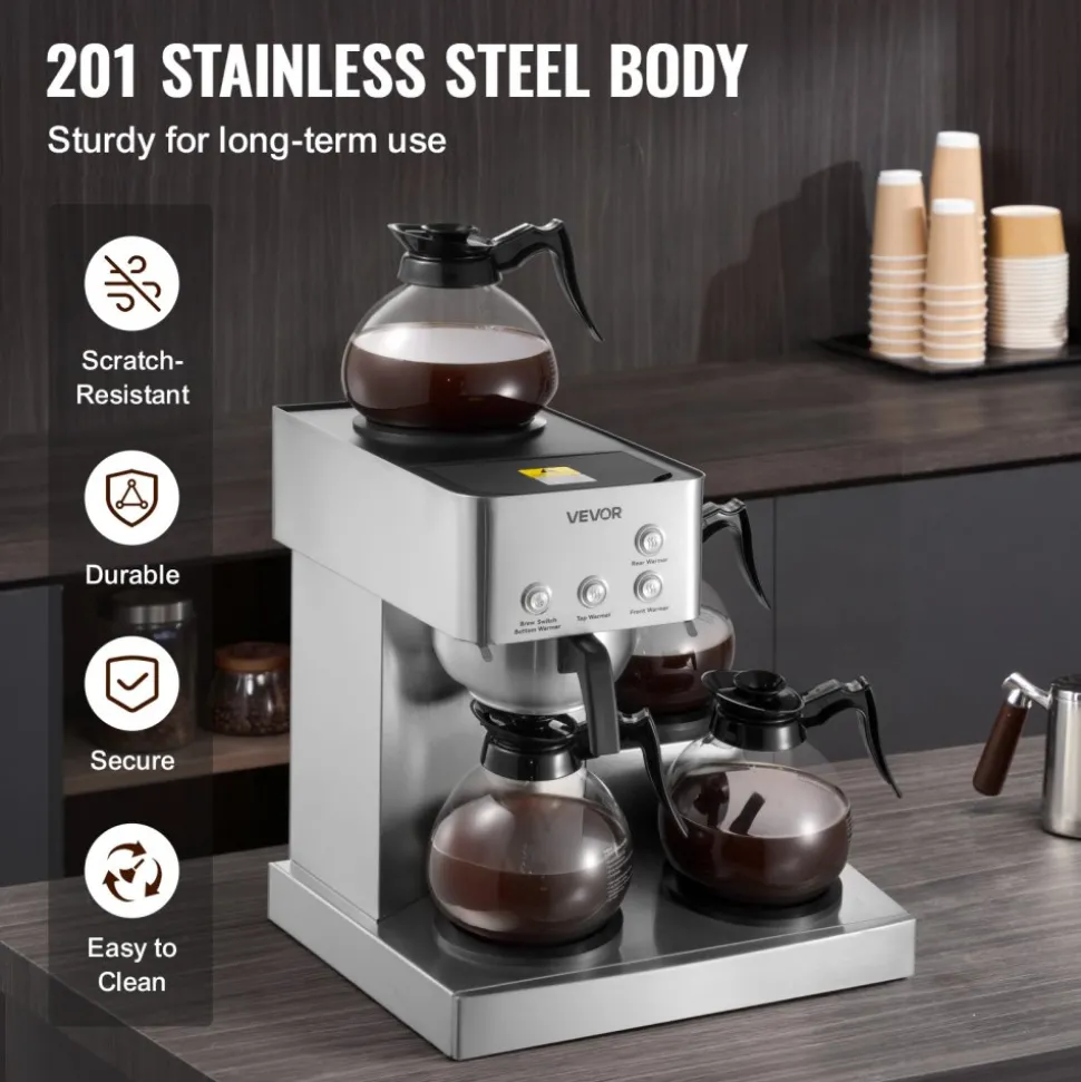 VEVOR Commercial Drip Coffee Maker, 12 Cups Coffee-Maker Machine with 4 Glass Carafes and 4 Decanter Warmer Plates, Stainless Steel Drip Style Coffee Brewer, for Restaurant, Office, Coffee Shop & Home