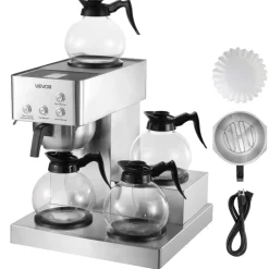 VEVOR Commercial Drip Coffee Maker, 12 Cups Coffee-Maker Machine with 4 Glass Carafes and 4 Decanter Warmer Plates, Stainless Steel Drip Style Coffee Brewer, for Restaurant, Office, Coffee Shop & Home