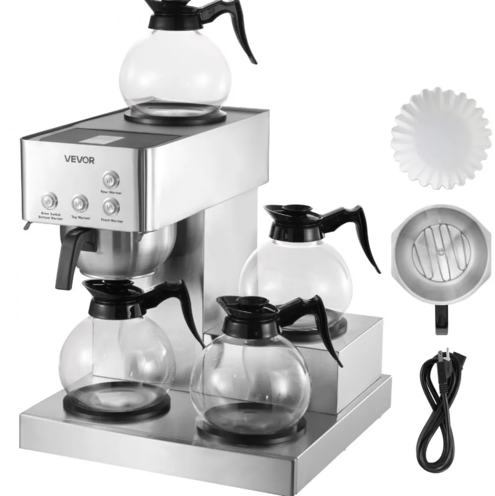 VEVOR Commercial Drip Coffee Maker, 12 Cups Coffee-Maker Machine with 4 Glass Carafes and 4 Decanter Warmer Plates, Stainless Steel Drip Style Coffee Brewer, for Restaurant, Office, Coffee Shop & Home