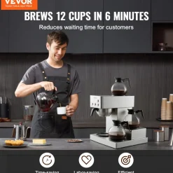 VEVOR Commercial Drip Coffee Maker, 12 Cups Coffee-Maker Machine with 4 Glass Carafes and 4 Decanter Warmer Plates, Stainless Steel Drip Style Coffee Brewer, for Restaurant, Office, Coffee Shop & Home