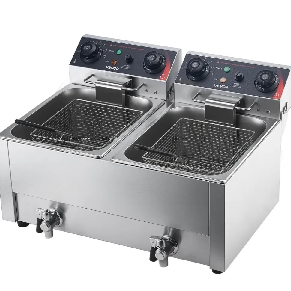 VEVOR Commercial Electric Deep Fryer, Upgrade Dual Tank 19 Qt, 3500W Stainless Steel Countertop Fryer with Baskets & Lids, Temp Control, Timer, Overheat Protection, for Commercial Restaurant, Silver