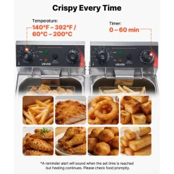 VEVOR Commercial Electric Deep Fryer, Upgrade Dual Tank 19 Qt, 3500W Stainless Steel Countertop Fryer with Baskets & Lids, Temp Control, Timer, Overheat Protection, for Commercial Restaurant, Silver