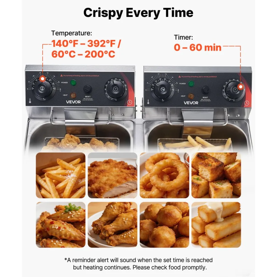 VEVOR Commercial Electric Deep Fryer, Upgrade Dual Tank 19 Qt, 3500W Stainless Steel Countertop Fryer with Baskets & Lids, Temp Control, Timer, Overheat Protection, for Commercial Restaurant, Silver