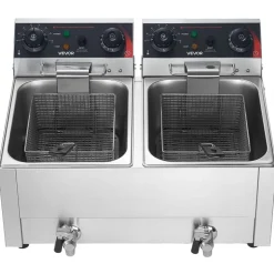 VEVOR Commercial Electric Deep Fryer, Upgrade Dual Tank 19 Qt, 3500W Stainless Steel Countertop Fryer with Baskets & Lids, Temp Control, Timer, Overheat Protection, for Commercial Restaurant, Silver