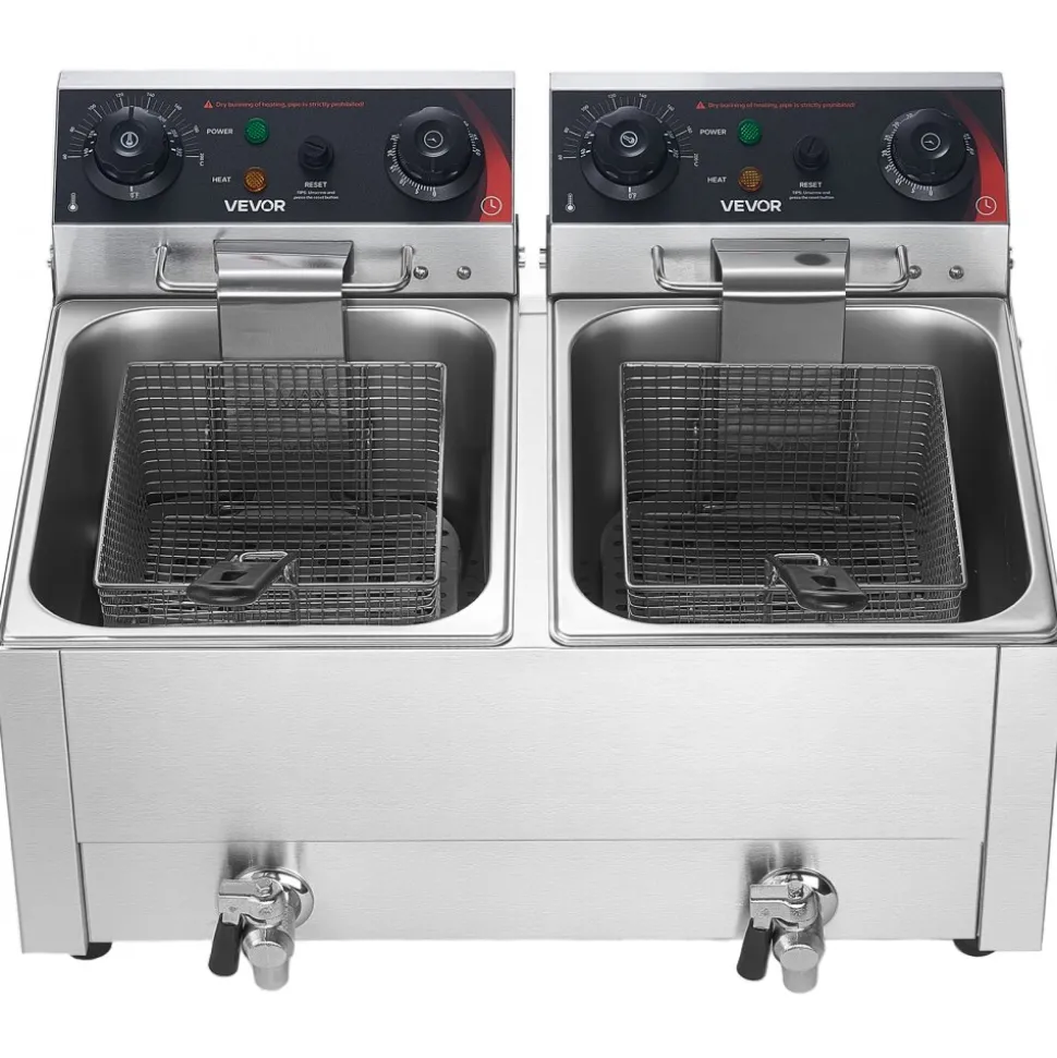VEVOR Commercial Electric Deep Fryer, Upgrade Dual Tank 19 Qt, 3500W Stainless Steel Countertop Fryer with Baskets & Lids, Temp Control, Timer, Overheat Protection, for Commercial Restaurant, Silver