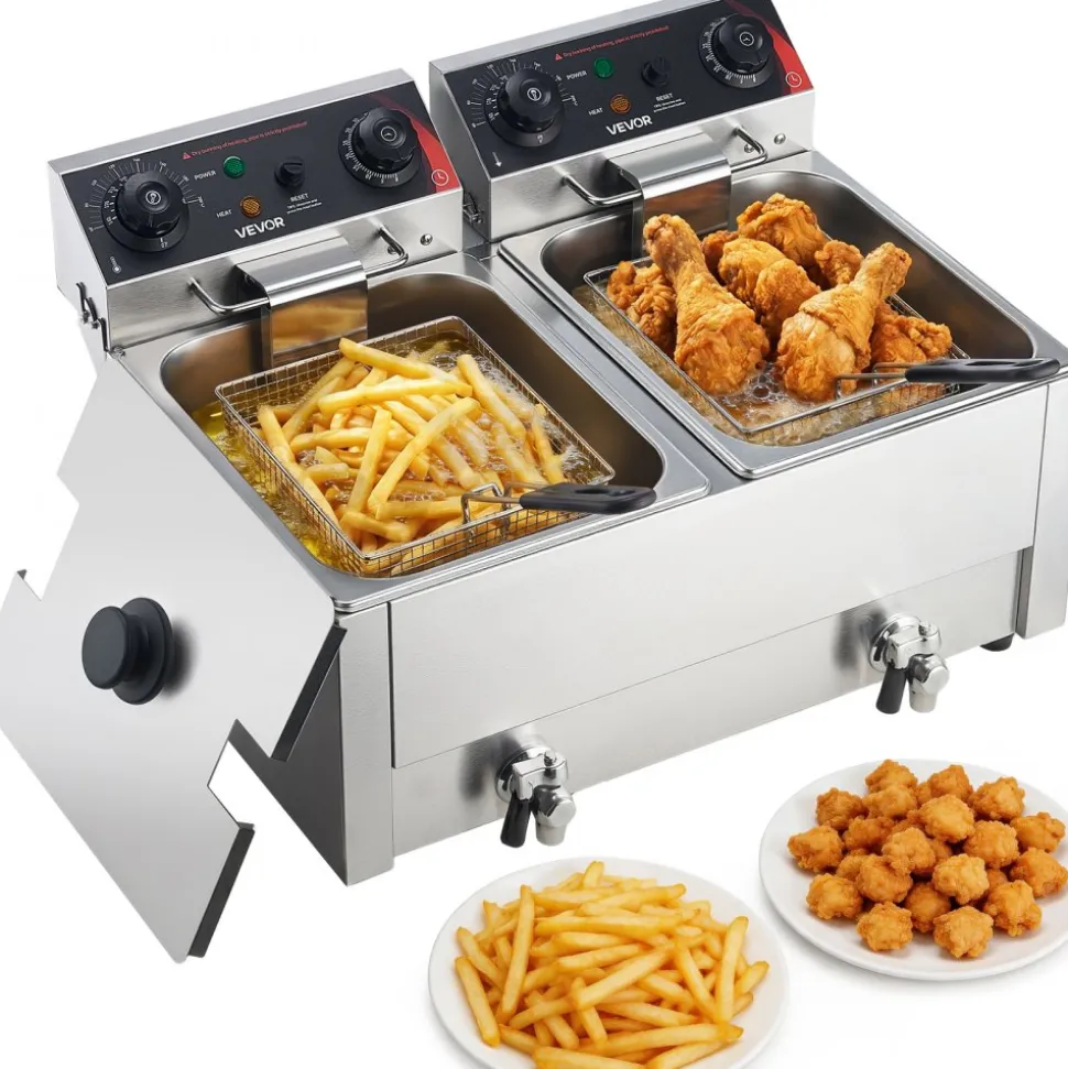 VEVOR Commercial Electric Deep Fryer, Upgrade Dual Tank 19 Qt, 3500W Stainless Steel Countertop Fryer with Baskets & Lids, Temp Control, Timer, Overheat Protection, for Commercial Restaurant, Silver