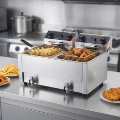 VEVOR Commercial Electric Deep Fryer, Upgrade Dual Tank 19 Qt, 3500W Stainless Steel Countertop Fryer with Baskets & Lids, Temp Control, Timer, Overheat Protection, for Commercial Restaurant, Silver