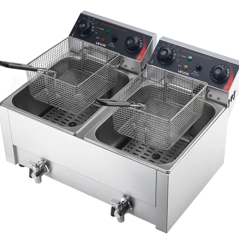 VEVOR Commercial Electric Deep Fryer, Upgrade Dual Tank 19 Qt, 3500W Stainless Steel Countertop Fryer with Baskets & Lids, Temp Control, Timer, Overheat Protection, for Commercial Restaurant, Silver