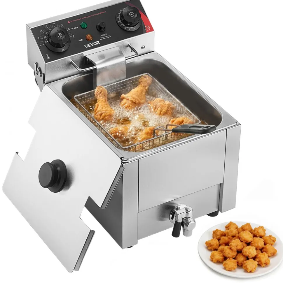 VEVOR Commercial Electric Deep Fryer, Oil Filtration Upgrade, 9.51 Qt, 1750W Stainless Steel Countertop Fryer with Basket and Lid, Temp Control, Oil Drain Valve for Commercial Restaurant Use, Silver