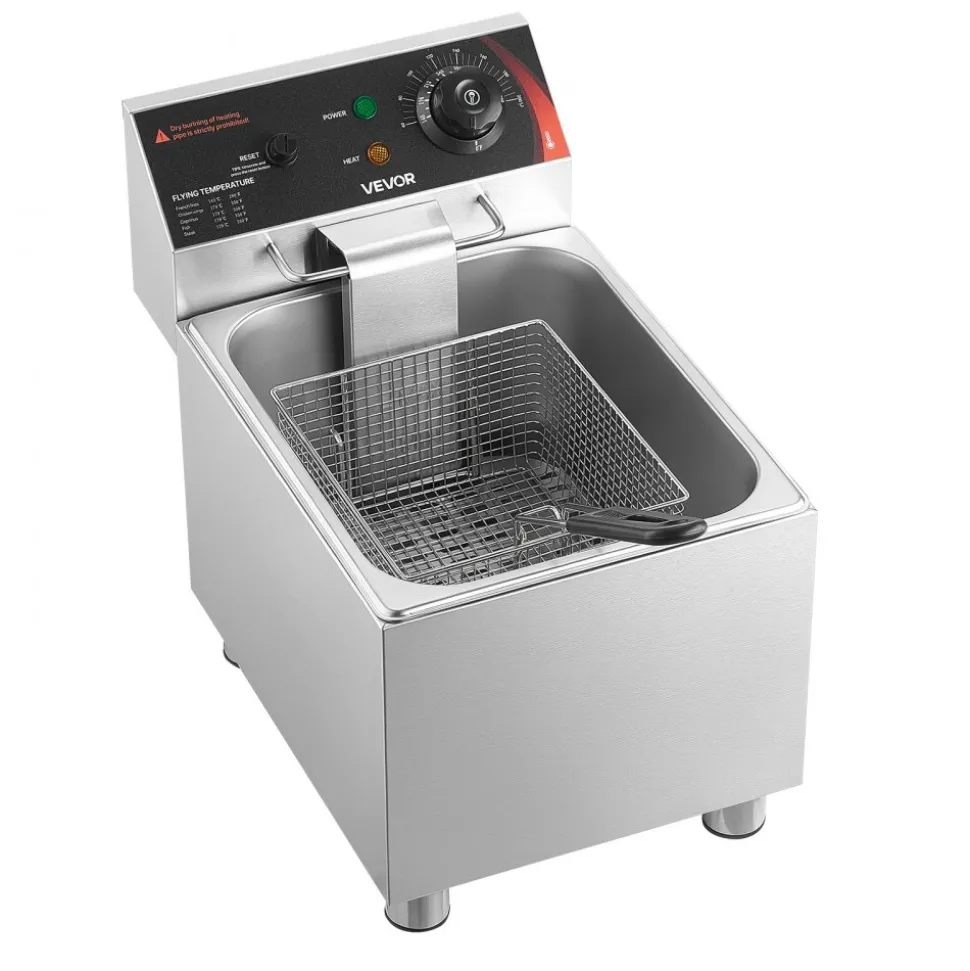 VEVOR Commercial Electric Deep Fryer, 12.15 Qt, 1750W Stainless Steel Countertop Fryer with Basket and Lid, Overheat Protection, Temp Control, Adjustable Feet for Commercial Restaurant Use, Silver