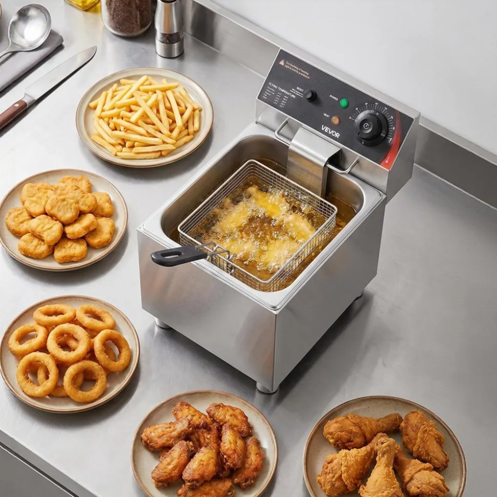 VEVOR Commercial Electric Deep Fryer, 12.15 Qt, 1750W Stainless Steel Countertop Fryer with Basket and Lid, Overheat Protection, Temp Control, Adjustable Feet for Commercial Restaurant Use, Silver