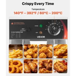 VEVOR Commercial Electric Deep Fryer, 12.15 Qt, 1750W Stainless Steel Countertop Fryer with Basket and Lid, Overheat Protection, Temp Control, Adjustable Feet for Commercial Restaurant Use, Silver