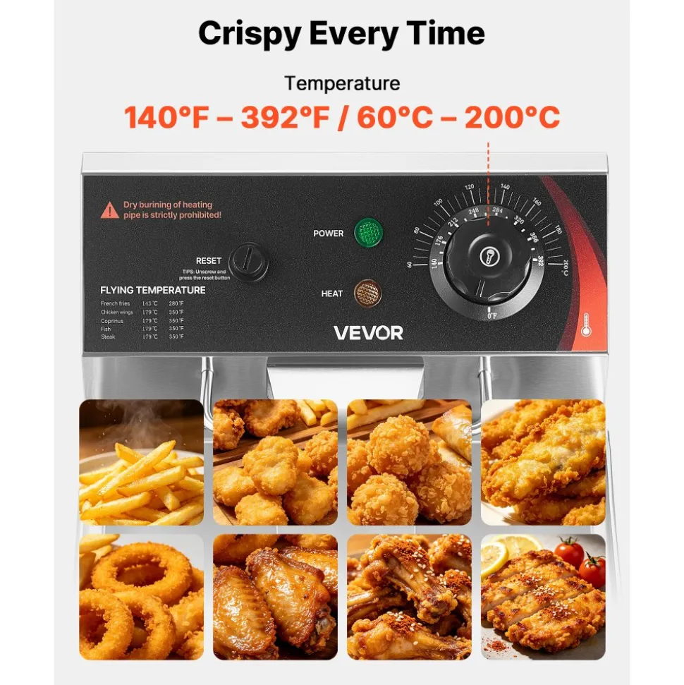 VEVOR Commercial Electric Deep Fryer, 12.15 Qt, 1750W Stainless Steel Countertop Fryer with Basket and Lid, Overheat Protection, Temp Control, Adjustable Feet for Commercial Restaurant Use, Silver