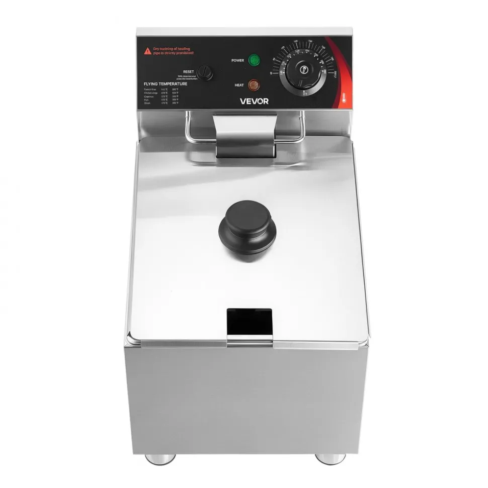VEVOR Commercial Electric Deep Fryer, 12.15 Qt, 1750W Stainless Steel Countertop Fryer with Basket and Lid, Overheat Protection, Temp Control, Adjustable Feet for Commercial Restaurant Use, Silver