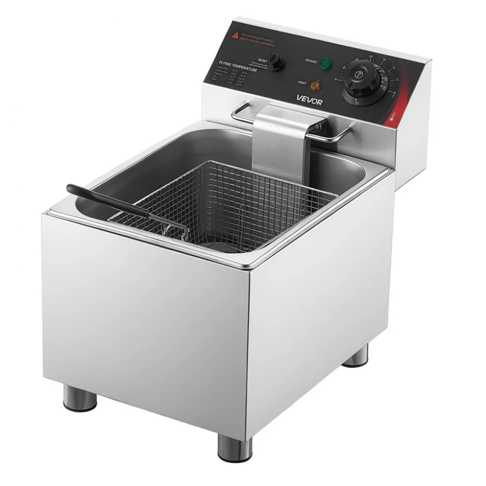 VEVOR Commercial Electric Deep Fryer, 12.15 Qt, 1750W Stainless Steel Countertop Fryer with Basket and Lid, Overheat Protection, Temp Control, Adjustable Feet for Commercial Restaurant Use, Silver