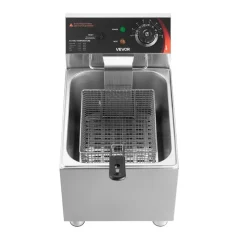 VEVOR Commercial Electric Deep Fryer, 12.15 Qt, 1750W Stainless Steel Countertop Fryer with Basket and Lid, Overheat Protection, Temp Control, Adjustable Feet for Commercial Restaurant Use, Silver