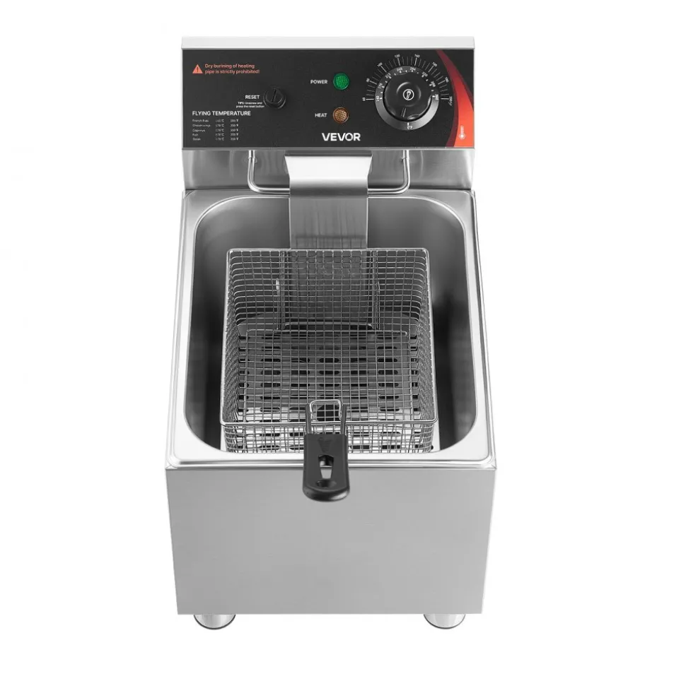 VEVOR Commercial Electric Deep Fryer, 12.15 Qt, 1750W Stainless Steel Countertop Fryer with Basket and Lid, Overheat Protection, Temp Control, Adjustable Feet for Commercial Restaurant Use, Silver
