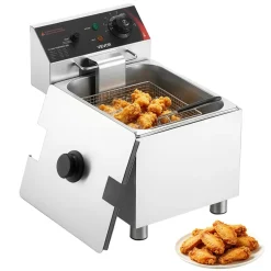 VEVOR Commercial Electric Deep Fryer, 12.15 Qt, 1750W Stainless Steel Countertop Fryer with Basket and Lid, Overheat Protection, Temp Control, Adjustable Feet for Commercial Restaurant Use, Silver