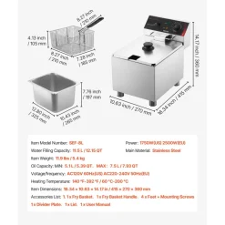 VEVOR Commercial Electric Deep Fryer, 12.15 Qt, 1750W Stainless Steel Countertop Fryer with Basket and Lid, Overheat Protection, Temp Control, Adjustable Feet for Commercial Restaurant Use, Silver