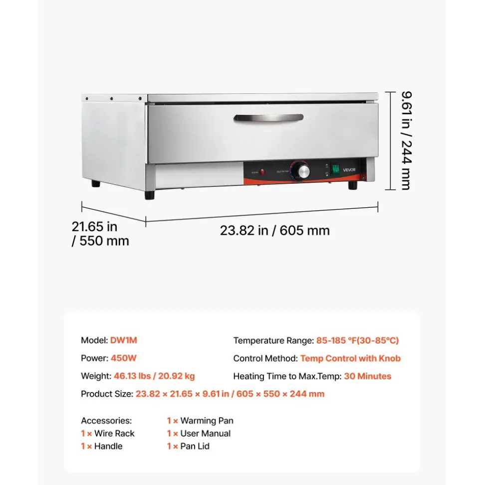 VEVOR Commercial Electric Drawer Warmer, Single-Drawer Stainless Steel Food Warmer, Freestanding Compact Warming Drawer Cabinet, 85°F–185°F Wide Temperature Range, for Restaurant, Hotel & Bakery