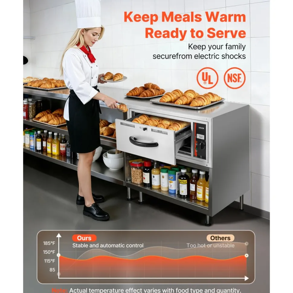 VEVOR Commercial Electric Drawer Warmer, Single-Drawer Stainless Steel Food Warmer, Freestanding Slim Warming Drawer Cabinet, 85°F–185°F Wide Temperature Range, for Restaurant, Hotel, Bakery & Kitchen