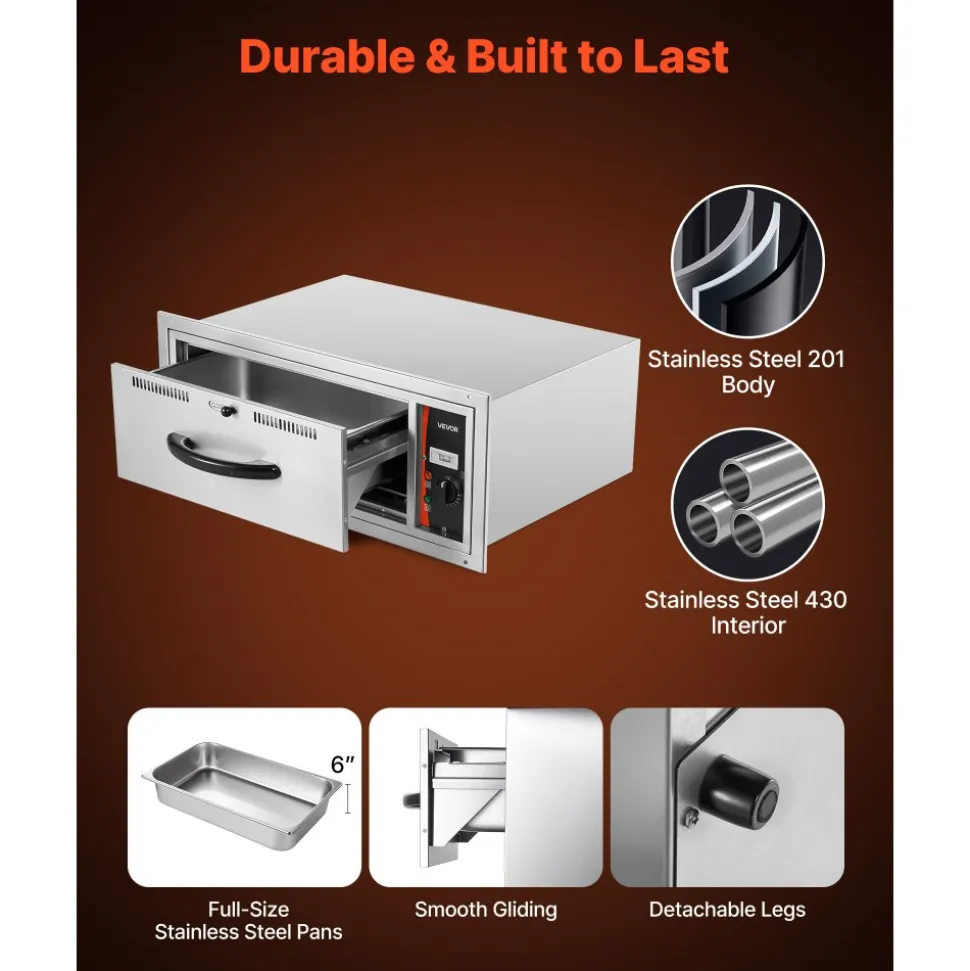 VEVOR Commercial Electric Drawer Warmer, Single-Drawer Stainless Steel Food Warmer, Freestanding Slim Warming Drawer Cabinet, 85°F–185°F Wide Temperature Range, for Restaurant, Hotel, Bakery & Kitchen