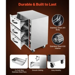 VEVOR Commercial Electric Drawer Warmer, Three-Drawer Stainless Steel Food Warmer, Freestanding Standard Warming Drawer Cabinet, 85°F–185°F Wide Temperature Range, for Restaurant, Hotel Buffet, Bakery
