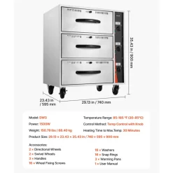 VEVOR Commercial Electric Drawer Warmer, Three-Drawer Stainless Steel Food Warmer, Freestanding Standard Warming Drawer Cabinet, 85°F–185°F Wide Temperature Range, for Restaurant, Hotel Buffet, Bakery