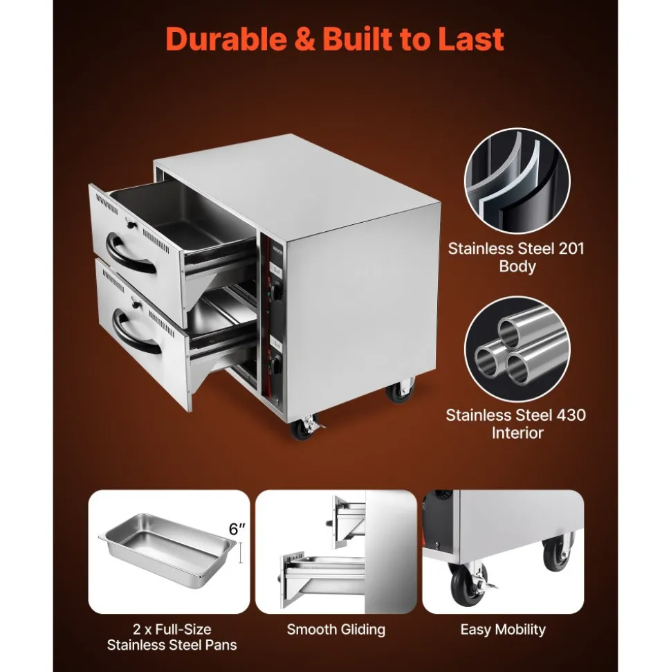 VEVOR Commercial Electric Drawer Warmer, Two-Drawer Stainless Steel Food Warmer, Freestanding Standard Warming Drawer Cabinet, 85°F–185°F Wide Temperature Range, for Restaurant, Hotel Buffet & Bakery