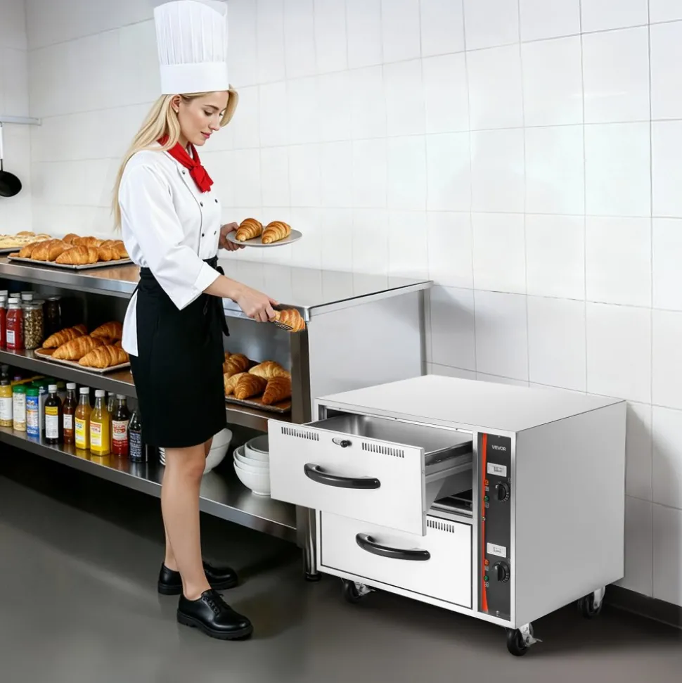 VEVOR Commercial Electric Drawer Warmer, Two-Drawer Stainless Steel Food Warmer, Freestanding Standard Warming Drawer Cabinet, 85°F–185°F Wide Temperature Range, for Restaurant, Hotel Buffet & Bakery