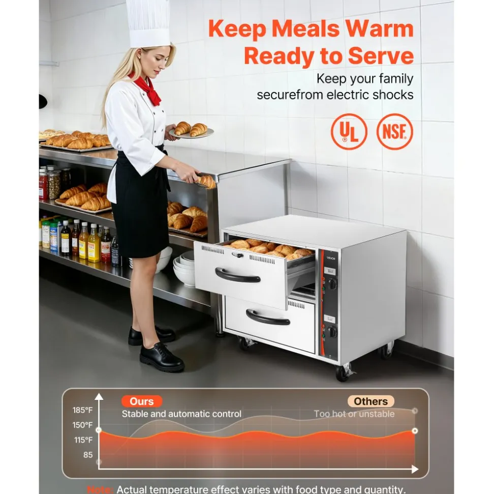 VEVOR Commercial Electric Drawer Warmer, Two-Drawer Stainless Steel Food Warmer, Freestanding Standard Warming Drawer Cabinet, 85°F–185°F Wide Temperature Range, for Restaurant, Hotel Buffet & Bakery