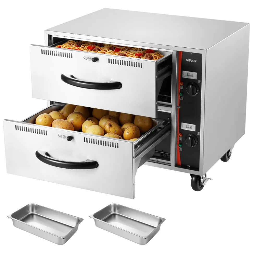 VEVOR Commercial Electric Drawer Warmer, Two-Drawer Stainless Steel Food Warmer, Freestanding Standard Warming Drawer Cabinet, 85°F–185°F Wide Temperature Range, for Restaurant, Hotel Buffet & Bakery